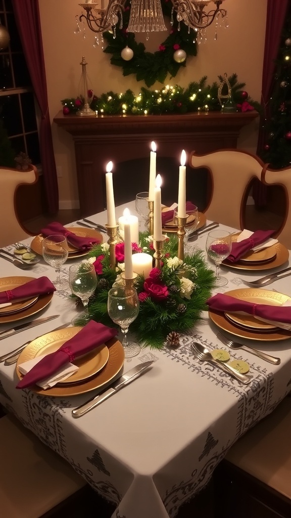 A square Christmas table setting with elegant decorations, candles, and festive accents.